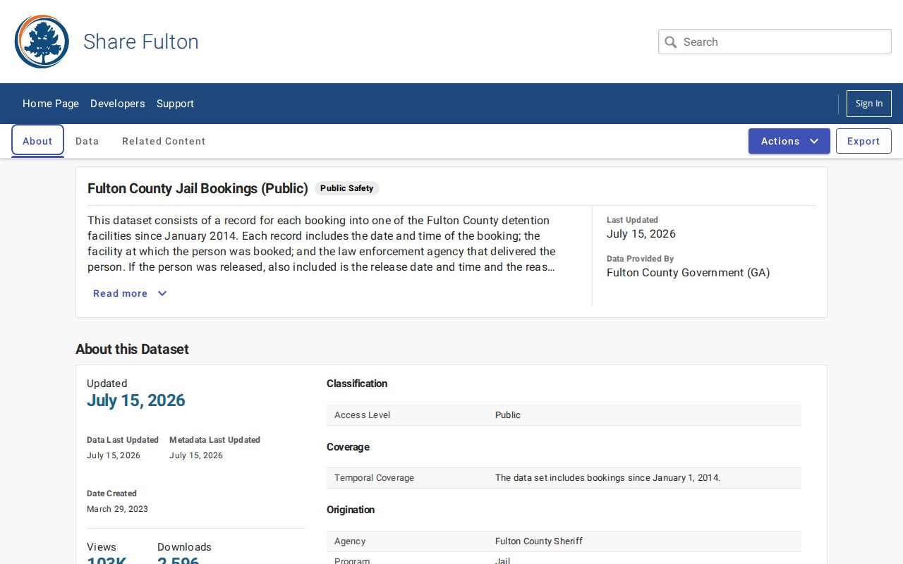 Fulton County released inmate booking and release dataset