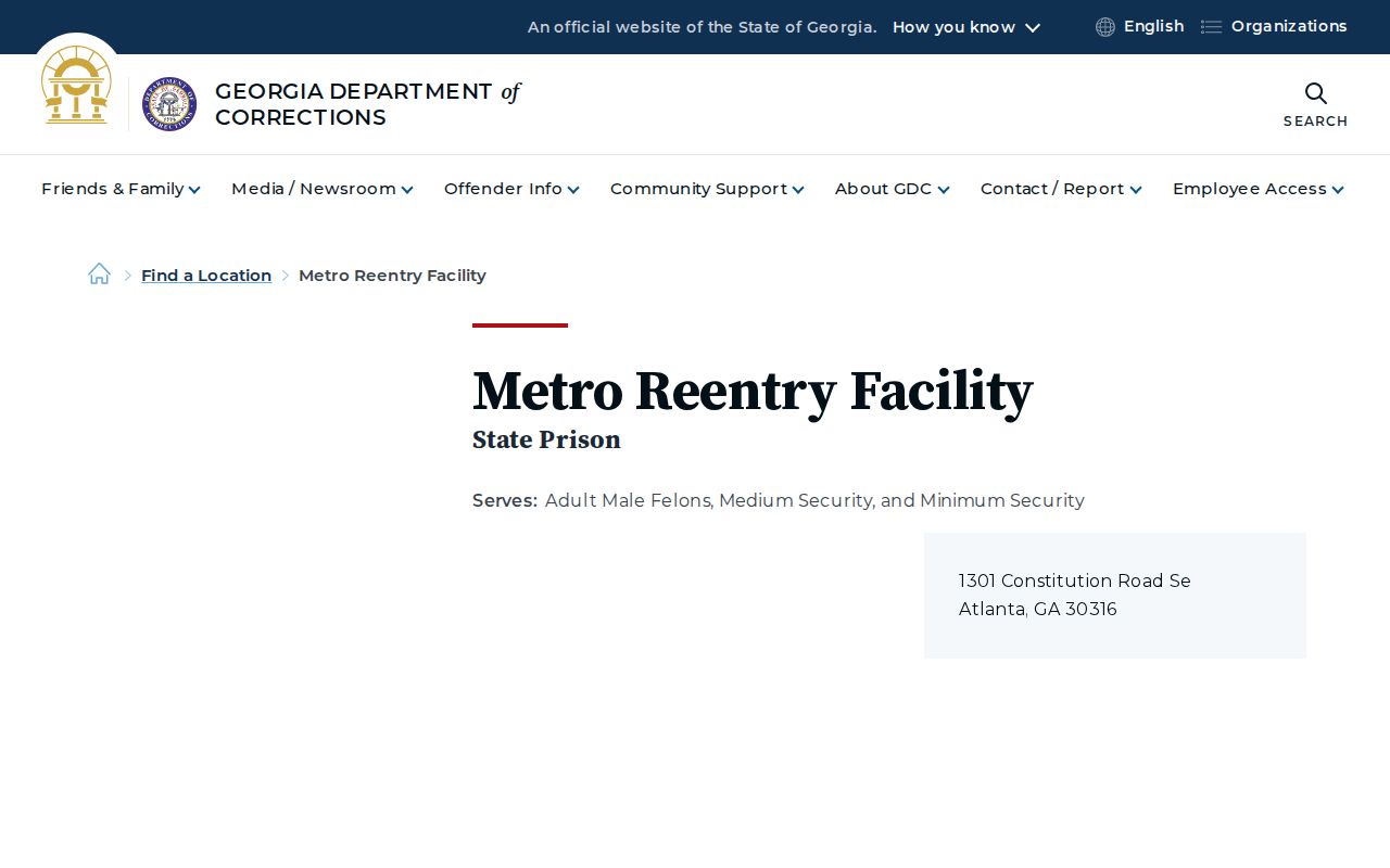 Georgia Department of Corrections Metro Reentry Facility page
